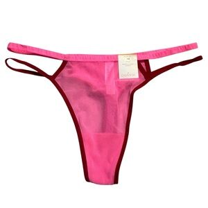 NWT Colsie Thong Panties Medium Hot Pink Burgundy Trim Sheer Mesh Double Straps